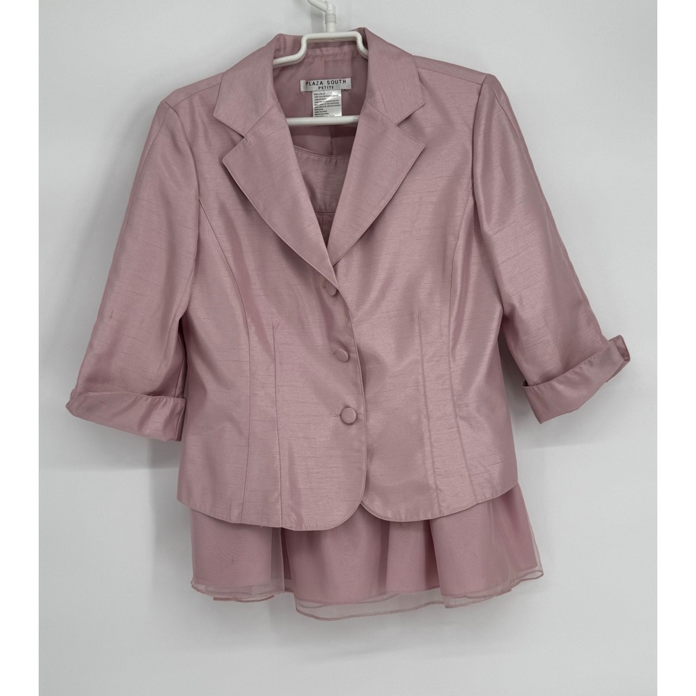 Plaza South Petite‎ Pink Skirt Suit Set 3D Floral Organza Overlay Sz 10P/Sz 8P